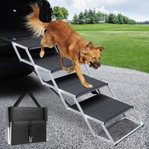 DGSL Dog Ramp for Car, 4-Step Folding Dog Stairs, Aluminum, Black, Supports Up to 250 Lbs