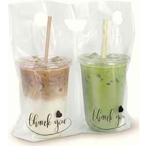 Drink Carrier Bag - 100pcs 2 Cup Carrier with Handle for Delivery Drivers - 32oz Cup Holder Bag for Beverages - Plastic Drink Bags for Food Delivery