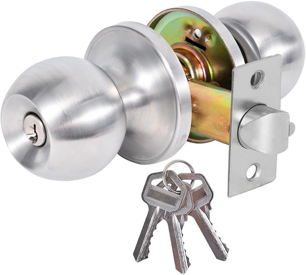 High-Security Stainless Steel Round Ball Door Handle with Lock & Key, Door knob for Front Door, Bedroom, and Interior, Easy Installation(Silver)