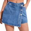 WDIRARA Women's High Waisted Button Front Denim Skort Asymmetrical Hem Wrap Jean Skirt Shorts Medium Wash XS