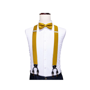 Barry.Wang Suspenders and Bow Tie Set for Men Solid Paisley Bowtie Y Shape Brace Handkerchief Cufflinks 6 Strong Clips