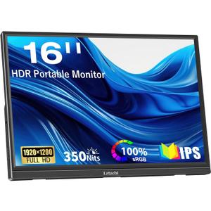 Portable Monitor 16 Inch HDR 1920x1200P USB C HDMI Ultra-Slim IPS External Display, Travel Monitor for Laptop PC Phone Mac Xbox PS4, Speakers & Stand