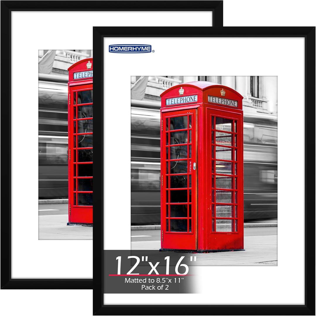 12x16 Picture Frame, 12 x 16 Black Frame with HD Plexiglass, Display Pictures 8.5x11 with Mat or 12x16 Without, Wall Hanging Photo Frame Poster Frames for Home Office Gallery Decor, 2 Pack