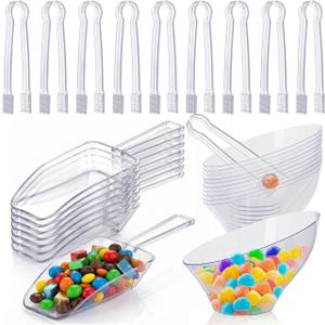R-kay 36 Pcs Candy Bowls And Plastic Scoops Set - 18 Clear Small Plastic Bowls 6 Oz, 9 Plastic Scoops And 9 Small Tongs Buffet Containers Set Heavy Duty