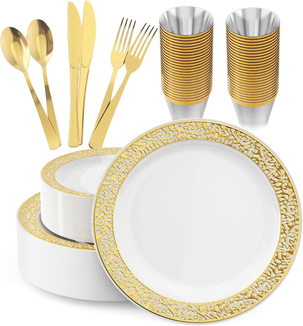 150 Count Gold Plastic Dinnerware Set, Elegant Disposable Include: 25 Gold Lace Plastic Plates, 25 Dessert Plates, 25 Forks, 25 Knives, 25 Spoons, 25 Cup, Ideal for Party, Birthday and Thanksgiving
