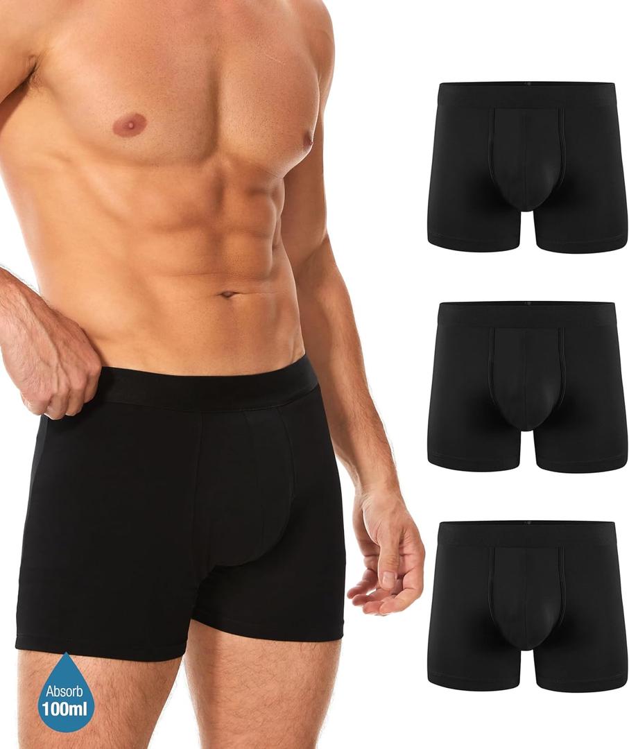 Men's Incontinence Underwear, Leak Proof Washable Reusable Cotton Boxer Brief, Heavy Flow Bladder Leak 3 Pack (Black, Medium)