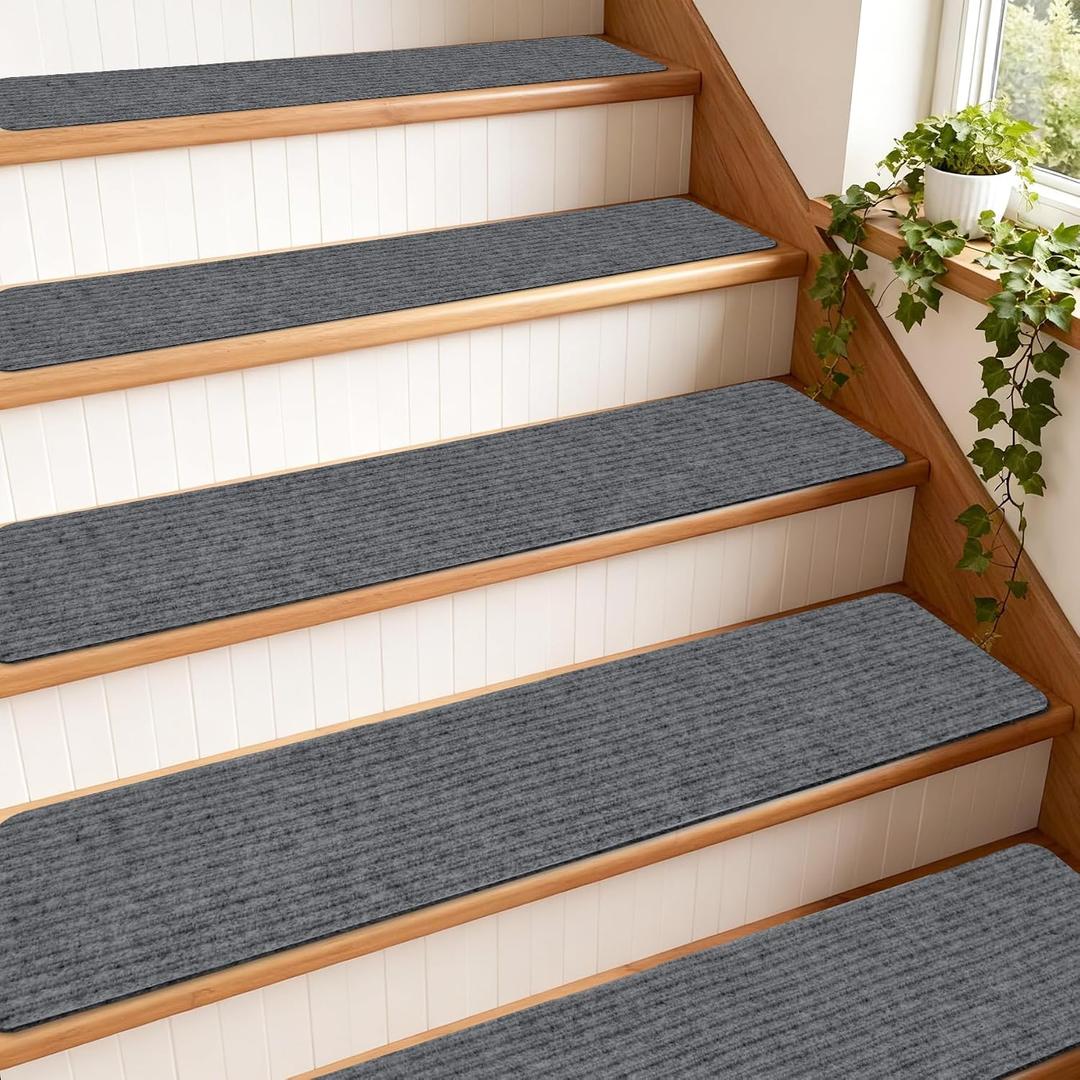 Extra Wide Non Slip Stair Treads for Wooden Steps 9" x36'' 15 Pack Extra Wide Carpet Runners with Reusable Adhesive, Step Pads for Dogs, Kids, Seniors, Machine Washable Dark Grey