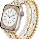 VISOOM Beaded Boho Bracelet Compatible For Apple Watch Bands 38/ 40/ 41/ 42mm Women - Stainless Steel Beaded Iwatch Bands For Gold Apple Watch Series 11/ 10/ Se/ 9/ 8/ 7/ 6/ 5/ 4/ 3/ 2/ 1 Pearl Bracelet Band Cute