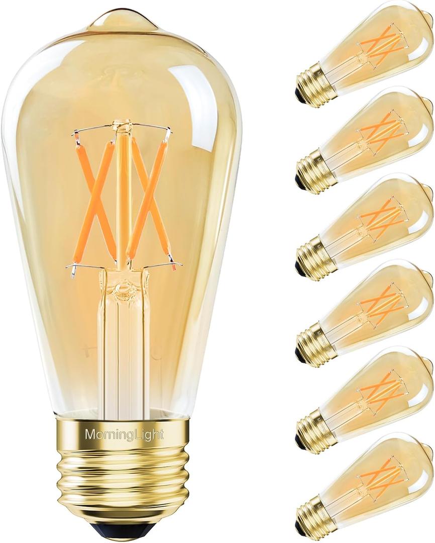 Dimmable ST58 LED Edison Bulbs 40W Equivalent, 2200K Amber Warm Light, E26 Base Vintage Light Bulbs, 4W 400LM Antique Decorative Filament Bulb for Farmhouse Pendant, Porch, Home Decor, 6 Pack
