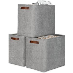 DULLEMELO Large Storage Baskets for Blankets Living Room 51L Canvas Storage Baskets for Organizing 3 Pack Collapsible Baskets Bins for Organizing Home Office with Handles (Grey) (Upgrated/3P-17"x12"x15")