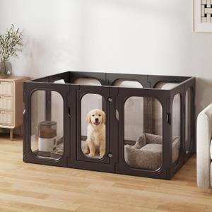 Acrylic Clear Dog Playpen Indoor with Door, 26'' H Transparent Dog Play Pen for Small Dogs, No-Connector Modular Puppy Playpen with Integrated Suction Cups Base, 10 Panels, Black