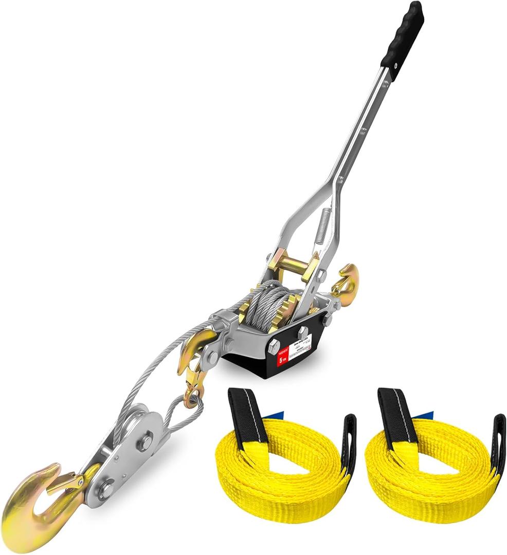 Cable Puller 5T with Two 1"x8FT Lifting Sling 2 Gears Come Along Power Ratchet Puller Tool with Cable 3 Hooks Cable Winch Puller for Construction Moving Securing Automotive.