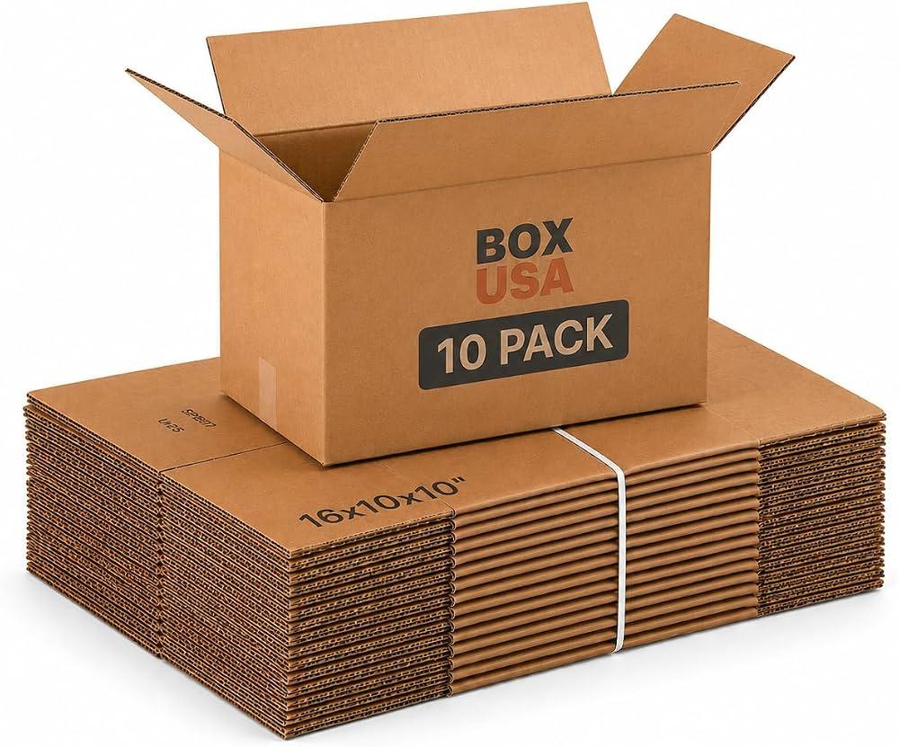 BOX USA Moving Boxes Small, 16"L x 10"W x 10"H, 10-Pack - Corrugated Cardboard Box