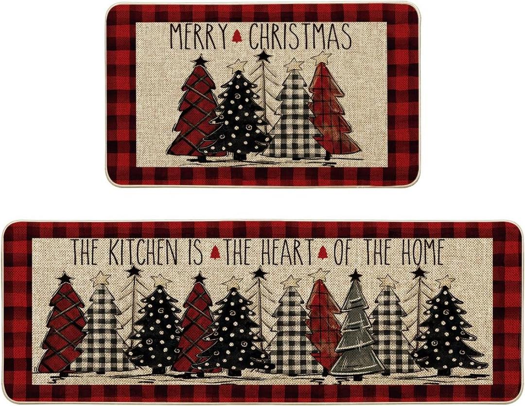 Artoid Mode Red Buffalo Plaid Xmas Trees Merry Christmas Kitchen Mats Set of 2, Winter Decor Low-Profile Kitchen Rugs for Floor - 17x29 and 17x47 Inch