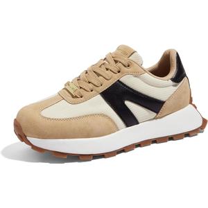 LUCKY STEP Women's Platform Fashion Sneakers Retro Classic Trainers Casual Lace-up Stylish Tennis Running Walking Shoes (11, Beige/Black)