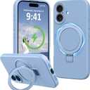 Compatible with iPhone 16 Case Stand, Slim Comfortable Liquid Silicone Phone Cases Fit for iPhone 16 Compatible with MagSafe Magnetic Ring Kickstand Stand Case Full Camera Protection, Blue