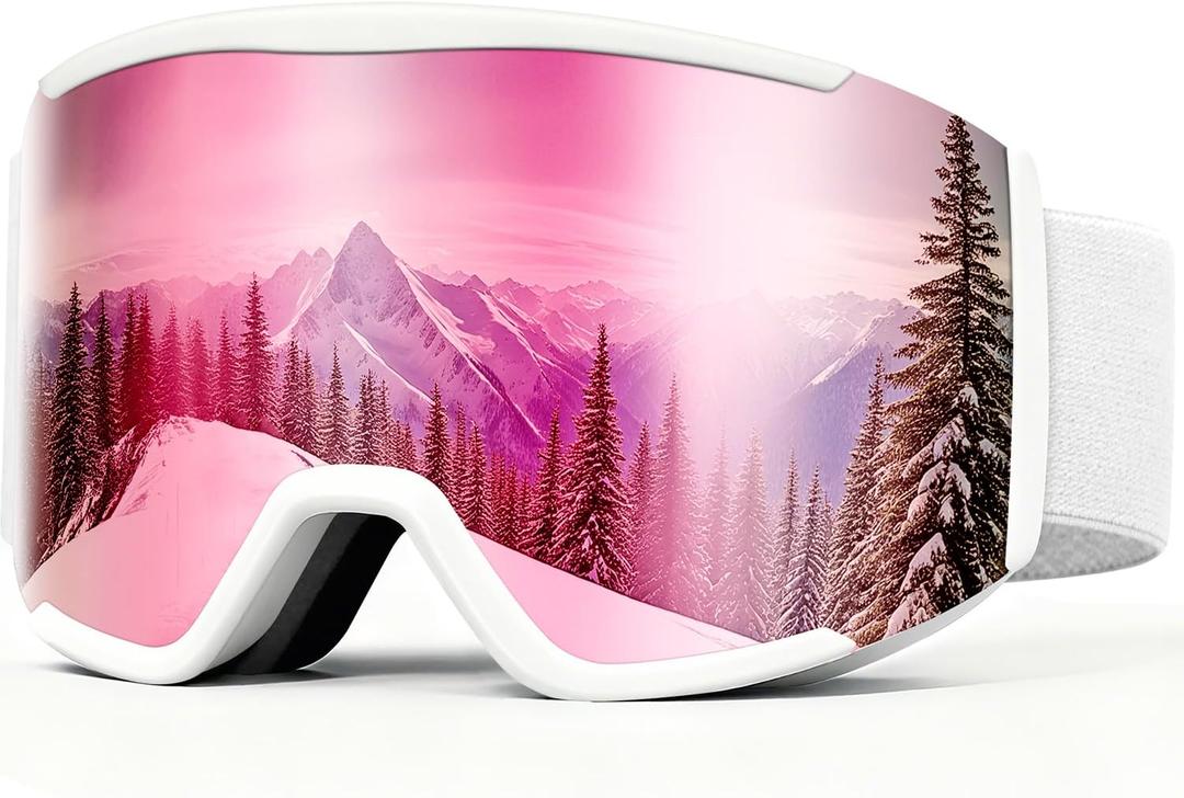 Ski Goggles for Men Women,Anti Fog UV Protection Snowboard Goggles for Adult & Youth,OTG Snow Skiing Goggles (White&pink)
