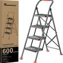 Step Ladder Foldable Folding Stool - for Home Adults Kitchen 4 Stepping Extension Tall Heavy Duty with Handrails - Closet Stepstool Stair Ladders Extendable Stepladder for Indoor House 600Lbs (Black and Red)