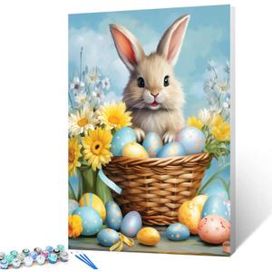 Easter Bunny and Baskets Filled with Easter Eggs Paint by Number Kits Canvas Acrylic Paint Cute Rabbits and Flowers DIY Oil Painting for Kids, Students, Adults Room Wall Decor 16x20In (DIY Frame)