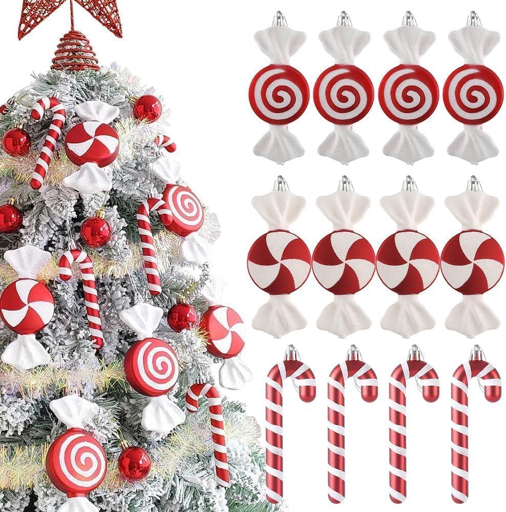 Candy Christmas Tree Hanging Ornament Kit, 12Pcs Red and White Pastel Candy Cane Lollipop Plastic Pendant for Xmas Candyland Winter Wonderland Party Christmas Tree Decorations