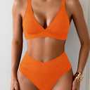 Sexy Ribbed Bikini Set 2 Piece Womens High Waisted V-Cut Cheeky High Leg Tummy Control Longline Swimsuit, Size L