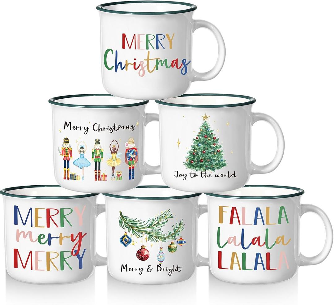 Pickmesh Christmas Coffee Mug Set of 6, Festive Holiday Designs with Nutcracker, Tree Prints  12 oz Ceramic Enamel Cups for Hot Cocoa, Tea, and Seasonal Beverages  Dishwasher & Microwave Safe