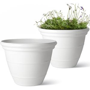 Worth Garden 15.5-Inch Dia. Round White Plastic Planters with Drain Holes, 12-Inch Height - 2-Pack Glossy Finish Bell-Shaped Plant Pot  Lightweight Indoor/Outdoor Flower Pots (15.5 Dia.)