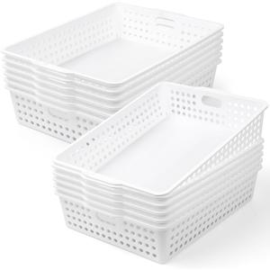 12 Pcs Plastic Storage Baskets Bulk 14 x 10 In Stackable Storage Bin with Handles A4 Size Desktop File Letter Organizer Tray Multi-purpose Container for Shelve Desktop Classroom Office Home Playroom