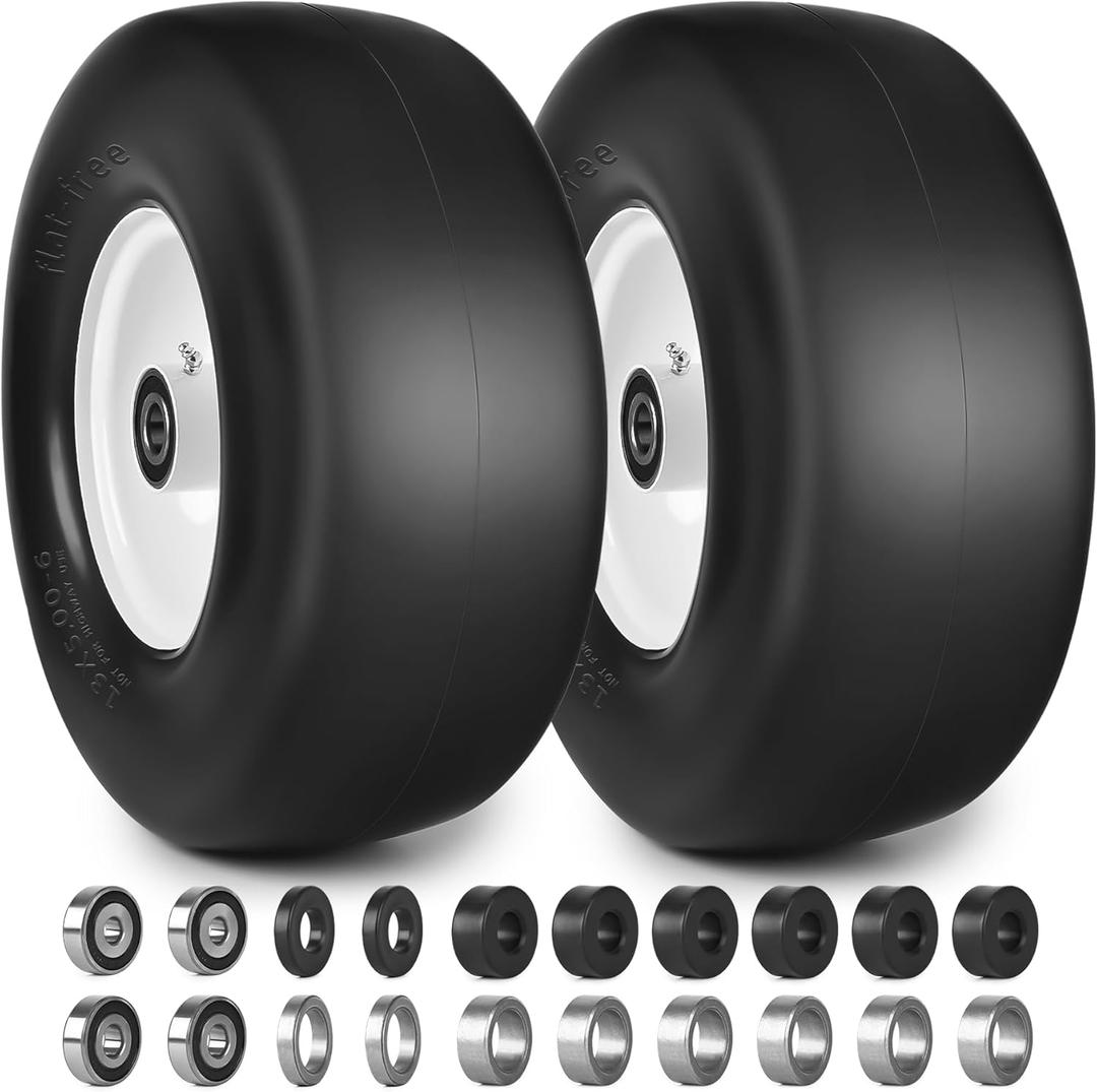 13x5.00-6 Flat Free Lawn Mower Tires and Wheels 3/4" 5/8" 1/2" Ball Bearings, 13x5x6 Zero Turn Mower Front Tires, Smooth Tires for Commercial Grade Lawn 3.25"-5.25" Adjustable Centered Hub (White)
