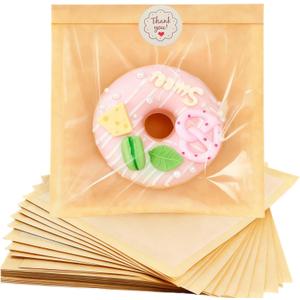 ARREBOL 100 Pack 7.1x7.5 Inch Cookie Bags with Window & Stickers for Packaging, Sealable Grease Resistant Small Brown Paper Bakery Bags for Bread