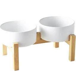 Elevated Ceramic Dog Bowl Set - Raised Dog Bowls with Non-Slip Bamboo Stand - Dog Food and Water Bowl Set - Double Dog Feeding Bowls - Suitable for Small and Medium Dogs - 28.74 OZ - 3.6 CUPS - 850 ML