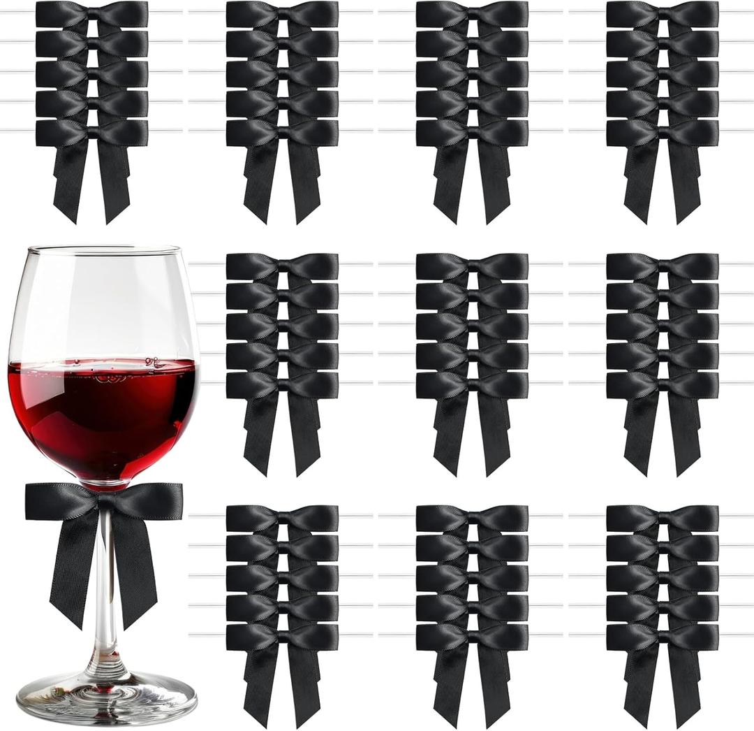 50 Pcs Black Satin Ribbon Bow, 2.8 x 2.8 Inch Premade Twist Tie Bow Decor for Crafts Gifts Wrapping Treat Bags Package Party Favors Wedding Birthday Baby Shower Decorations