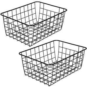 LeleCAT Black Wire Storage Baskets, Metal Household Storage Organizer for Kitchen Pantry, Shelf, Freezer, Bathroom Black 2 Pack