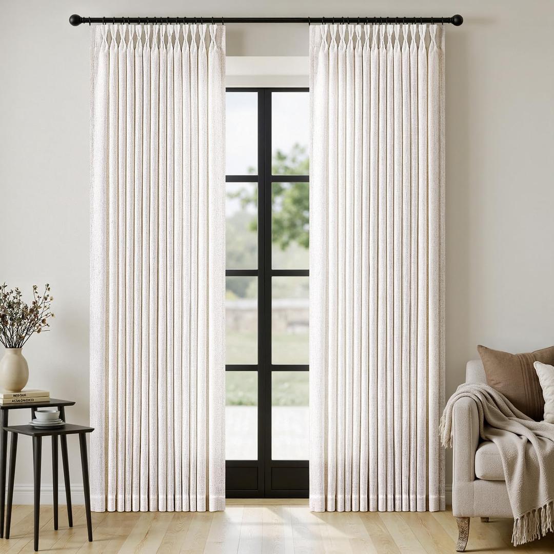 MIULEE Extra Wide 60 Inch Width Pinch Pleated Thick Linen Curtains 96 Inches Long 2 Panels for Patio Sliding Glass Door Living Room Bedroom Large Windows, Memory Trained Nautral Drapes Hooks&Rings (Natural)