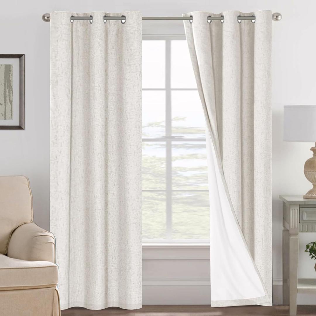 H.VERSAILTEX Ivory Curtains Blackout, 100% Blackout Linen Curtains with White Thermal Insulated Liner, Grommet Drapes Blackout Curtains for Living Room (2 Panels, 42 x 84 Inch, Ivory)
