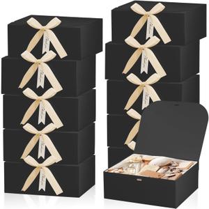 GLGHMH 12Sets Valentines Day Gift Boxes with Lids,10x8x4inch Large Black Paper Present Box,Bridesmaid Proposal Box with Ribbon Thank You Card,for Wedding Birthdays Baby ShowerBlack