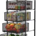 4-Tier Fruit Vegetable Storage Cart - Kitchen Organizer and Storage Cart with Wheels, Wooden Top Metal Wire Fruit Vegetable Rack Stand with Drawers to Storage Cans Snacks for Kitchen(Patent Pending) (Black 1)
