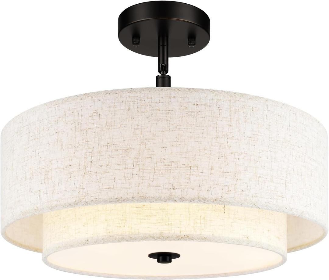 AUTELO 16" Semi Flush Mount Ceiling Light, 3-Light Modern Flush Mount Ceiling Light in Black Finish with Drum Fabric Shade for Hallway Bedroom Kitchen, C2506 BK-16