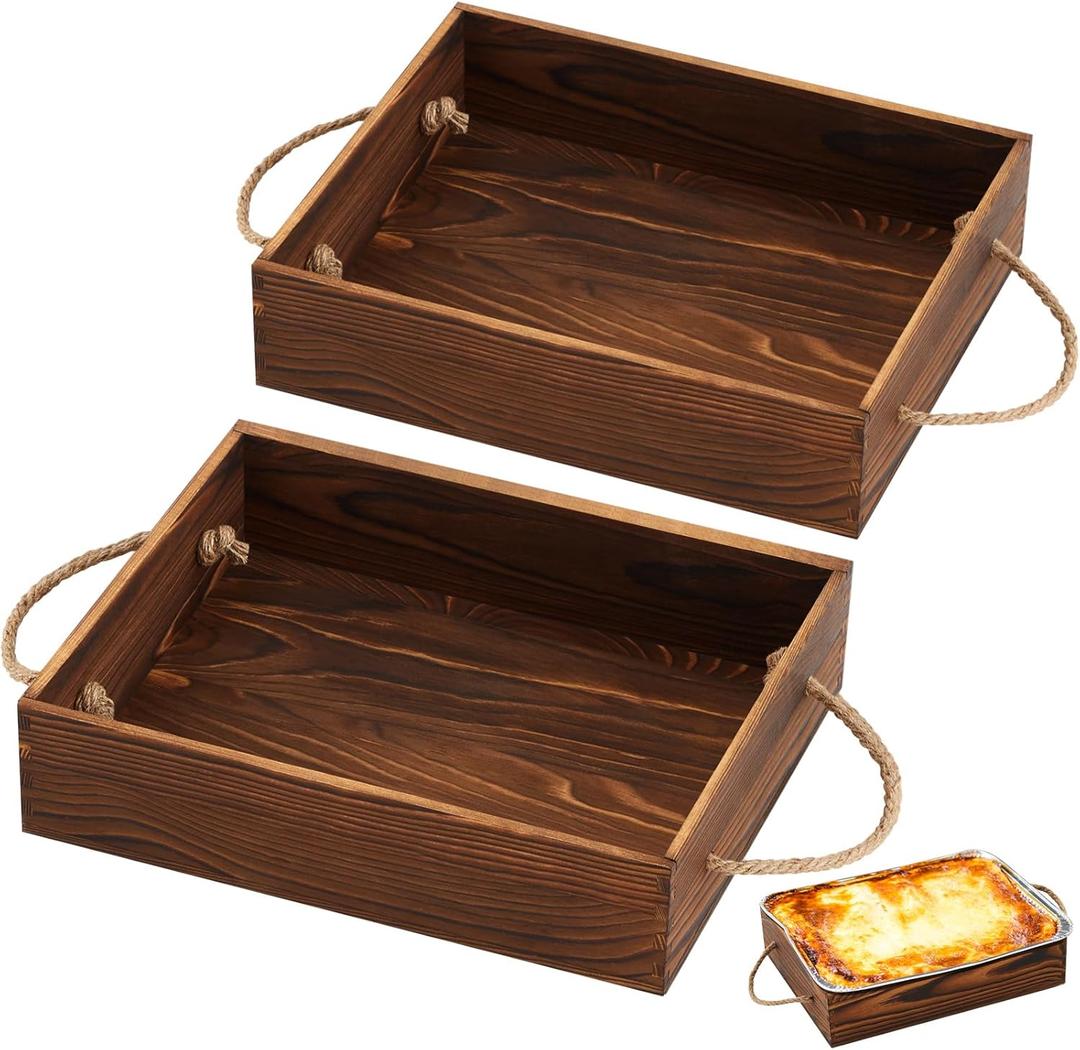 2 Pack Wooden Aluminum Foil Pan Holder for 9 x 13 Disposable Baking Tin Wooden Serving Tray for Foil Pans Food Dessert Cake Containers Party Wedding Supplies (Pine Wood Burnt Color)