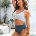 Blooming Jelly Womens High Waisted Bikini Sets Drawstring Tummy Control Swimsuits Crisscross Tie Back Bathing Suit (Blue, L)