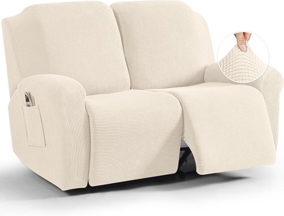 TAOCOCO Recliner Loveseat Slipcover, 6 Pieces Dual Recliner Sofa Covers for 2 Seat Dual Reclining Loveseat Couch, Stretch Soft Jacquard Pattern Furniture Protector with Elasticity (Beige White)