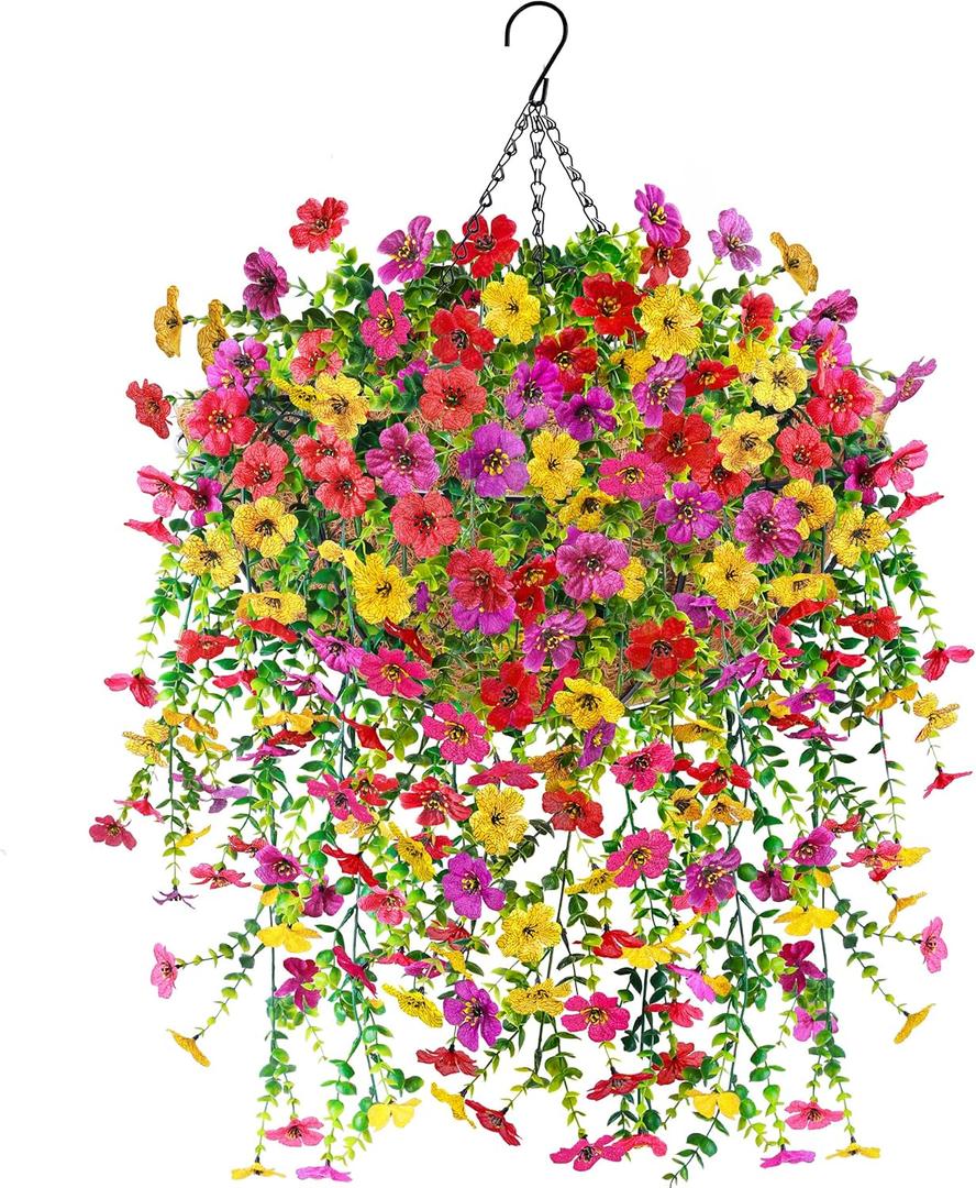 Der Rose Artificial Hanging Flower Basket for Outdoors Fake Hanging Flowers Plants with 4 Faux Silk Trailing Vines for Porch Patio Balcony Spring Decor (1 Pack  Hanging Flower + Basket (Complete Set), Mixed-color)