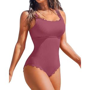 Charmo Womens Scalloped Ribbed One Piece Swimsuits Retro Square Neck Modest Bathing Suits, Size L