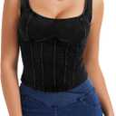 Denim Corset Top for Women Going Out Jean Crop Tank Tops Trendy Sleeveless Slim Fit Workout Denim Bustier (Black, L)