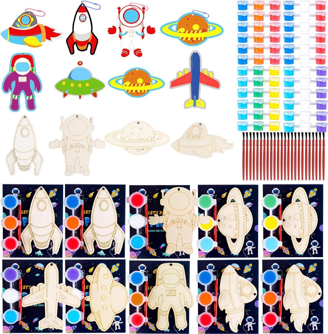 24 Pack Space Themed Party Favors - Kids Birthday Party Return Gifts Treats Goodie Bag Items Fillers Classroom Prizes Exchange Gifts, Wood DIY Keychain Painting Kits Arts Crafts Activities Toys, 8 cm x 0.2 cm x 10 cm