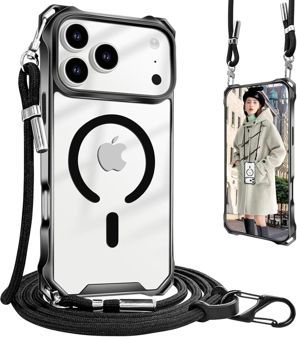 UnnFiko for iPhone 17 Pro Case Clear, Compatible with Magsafe, Crossbody Phone Case with Shoulder Strap, Shockproof Drop Protection, Magnetic Phone Case for iPhone 17 Pro (Black)