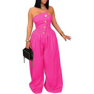 YOOTIKO Women's Strapless Tube Wide Leg Jumpsuit Summer Sleeveless Zip Up Dressy Casual Sexy Romper (Medium)