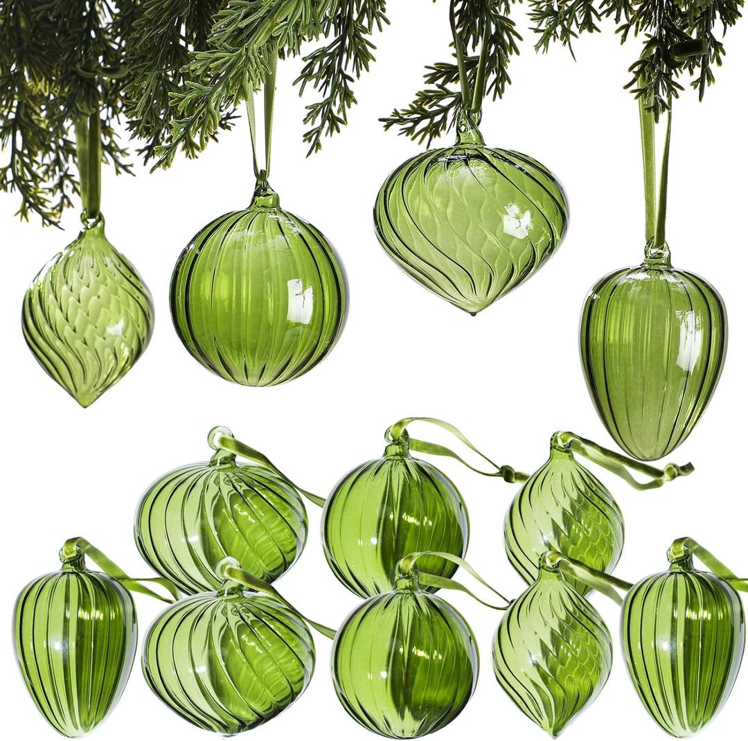 VitalCozy 12 Pcs 3.15 Inch Glass Christmas Ball Ornaments Large Vintage Hand Blown Hanging Glass Balls Retro Xmas Tree Finials Ornaments for Home Christmas Tree Party Holiday Wreath Decor(Green)
