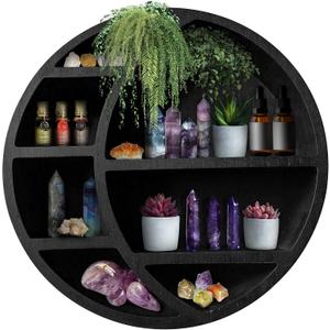 Wooden Crescent Moon Shelf Wall Decor - Decorative Boho Home Hanging Display Shelf for Bedroom, Dorm, Nursery - Easy Mount Storage for Crystals and Essential Oils - 14 x 14 x 3.5 (Black)