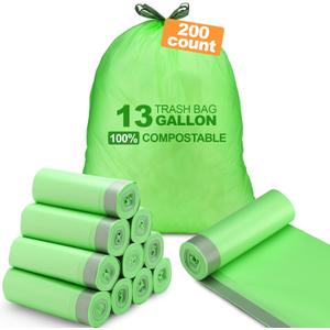 200 Count 13 Gallon Compostable Trash Bags with Drawstring Tall Kitchen Food Scrap Waste Bag Heavy Duty Extra Thick 1 Mil Tear Resistant for Lawn Yard Home Kitchen Office